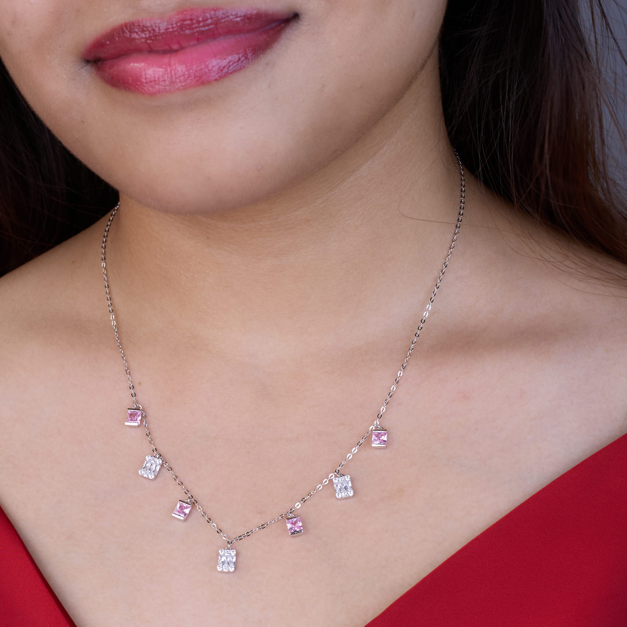 Silver Fuchsia Pink Suspended Necklace