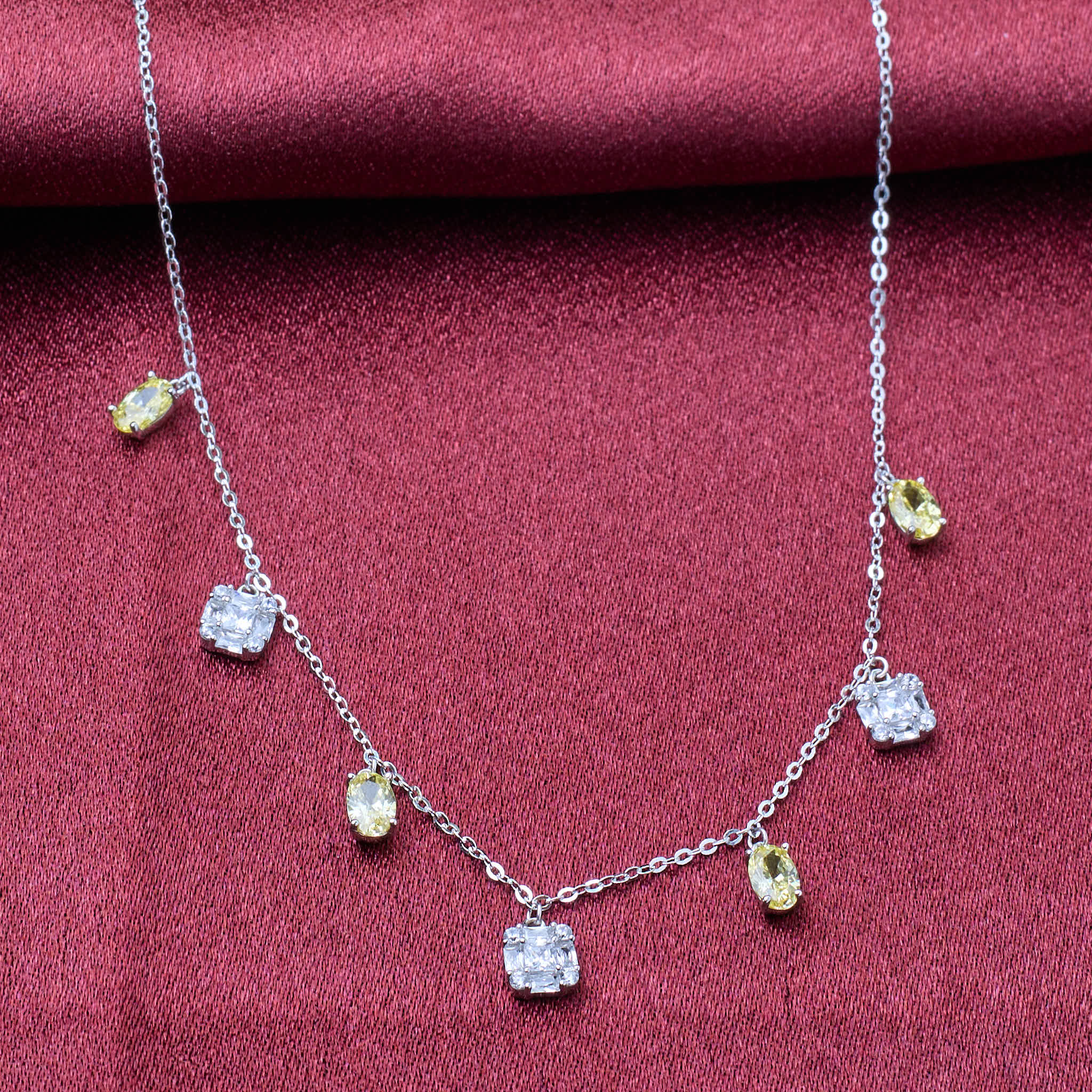 Silver Yellow and white CZ stones in Emerald cut Necklace