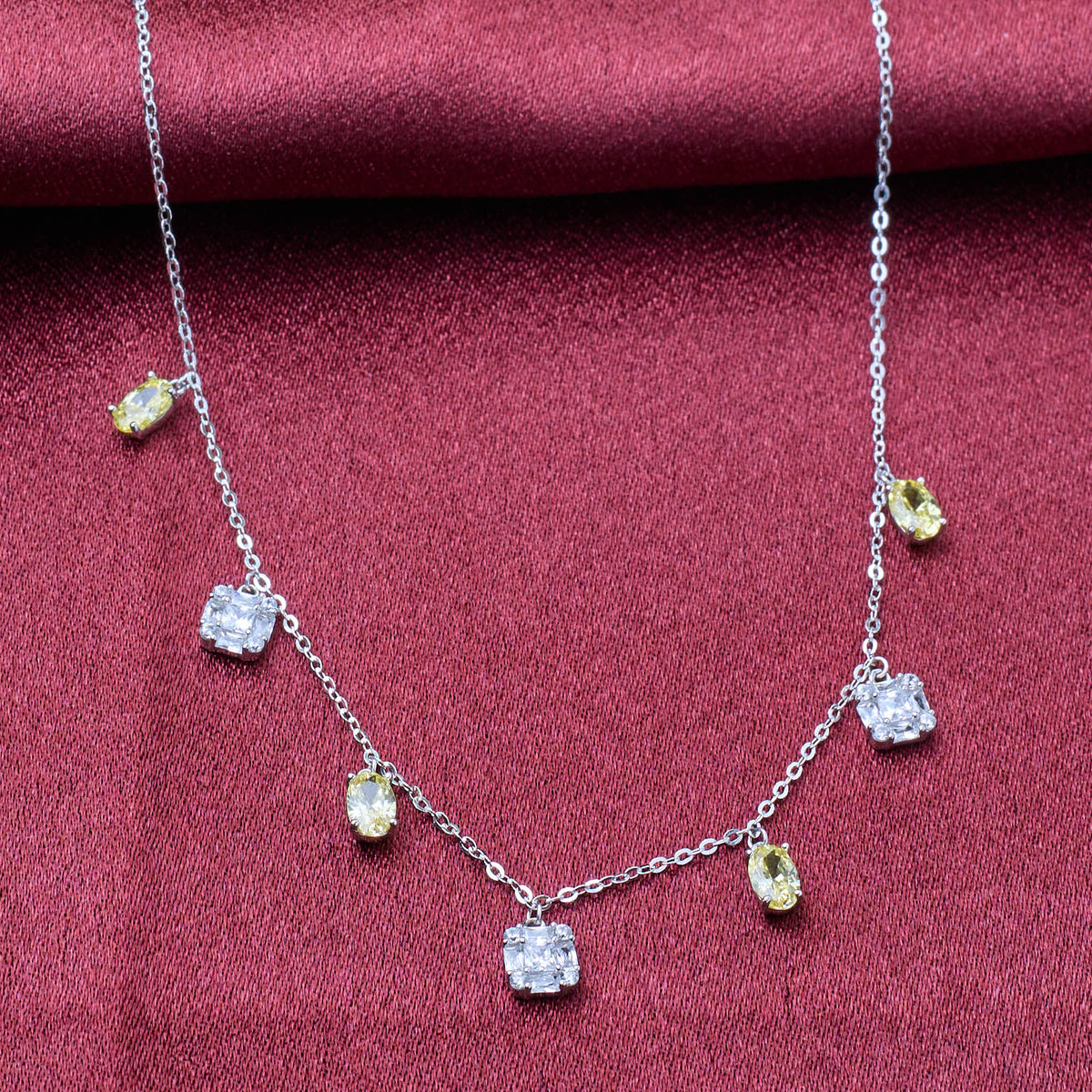 Silver Yellow and white CZ stones in Emerald cut Necklace