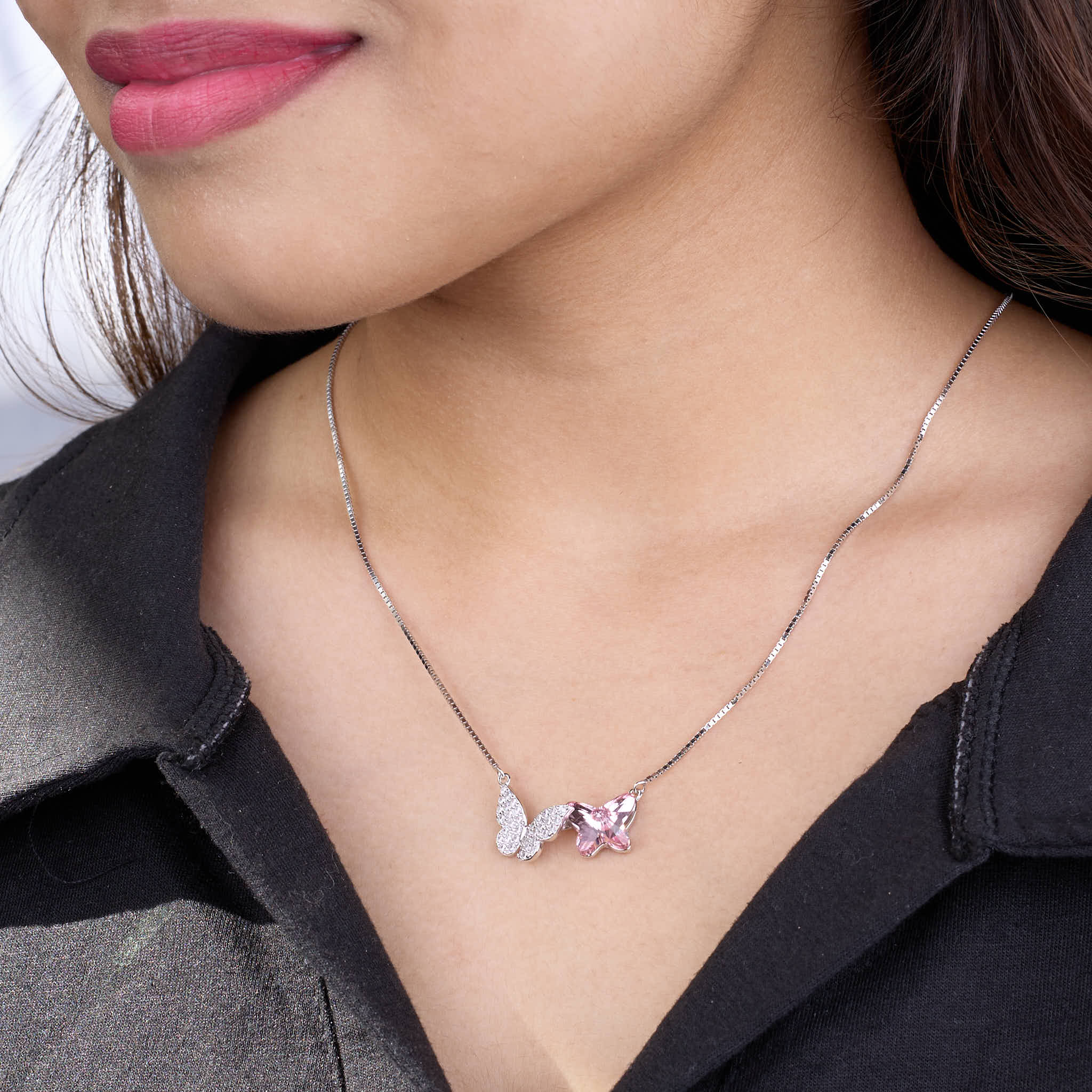 Silver Pink Blazing Butterfly Pendant