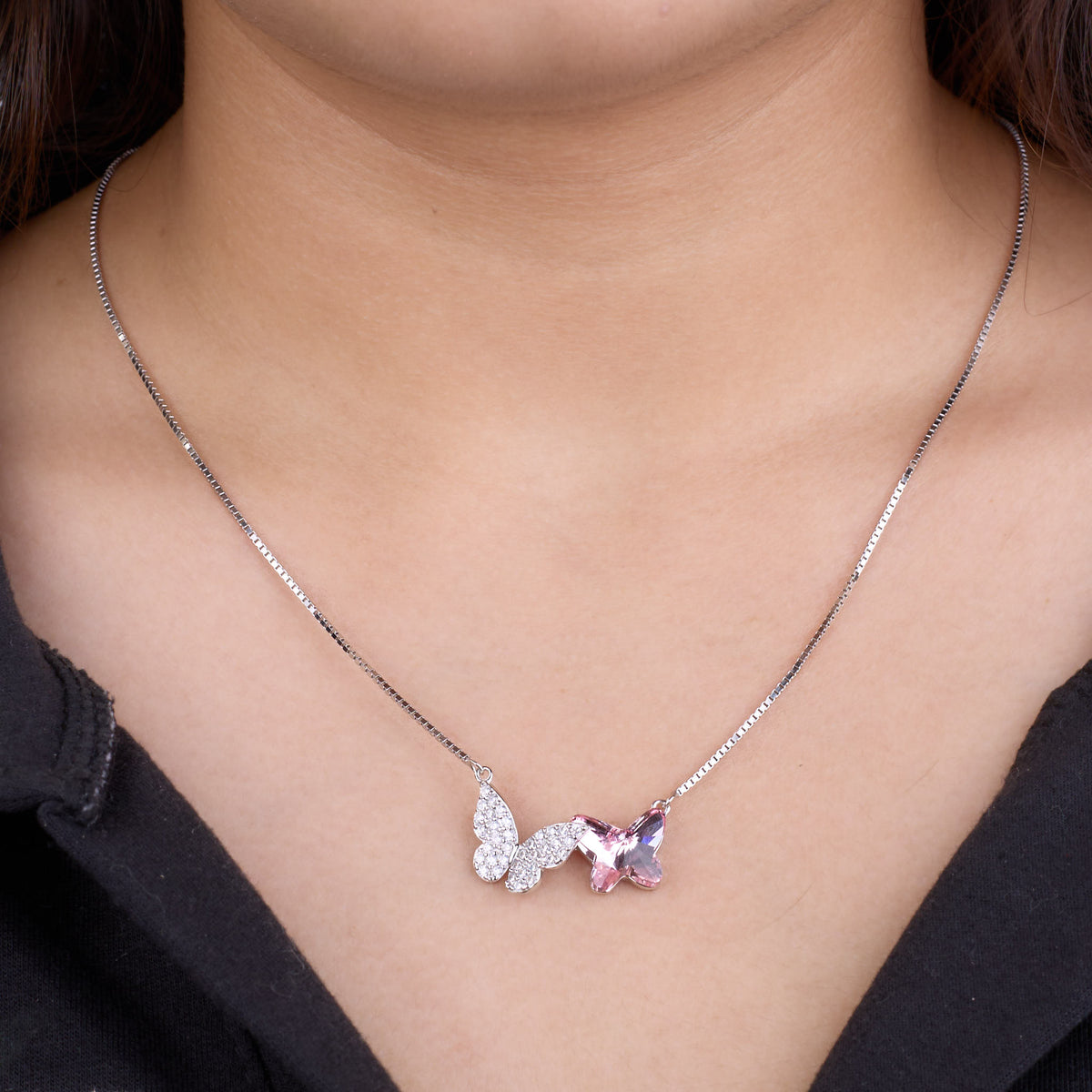 Silver Pink Blazing Butterfly Pendant