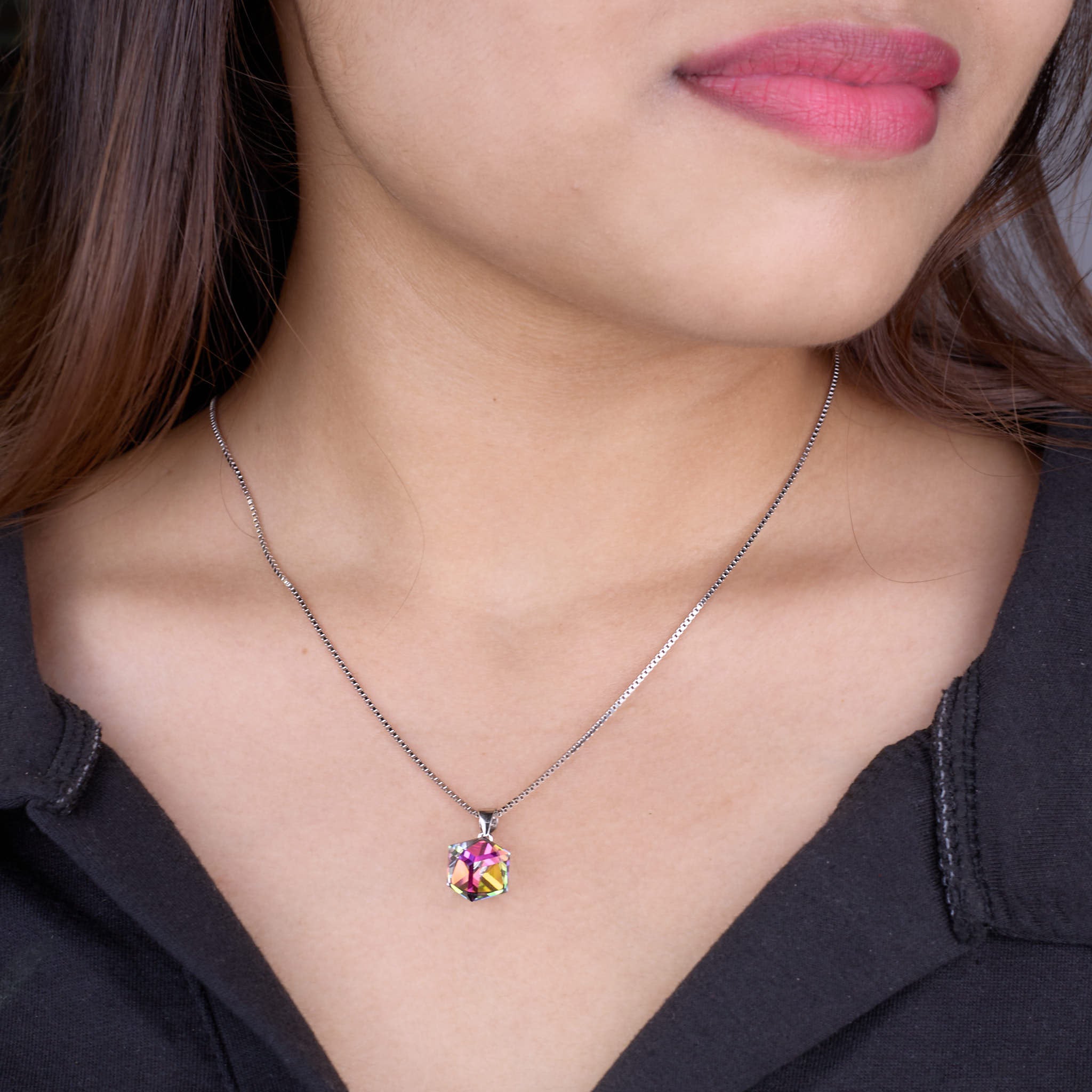 Silver Dichroic Cube Crystal Pendant