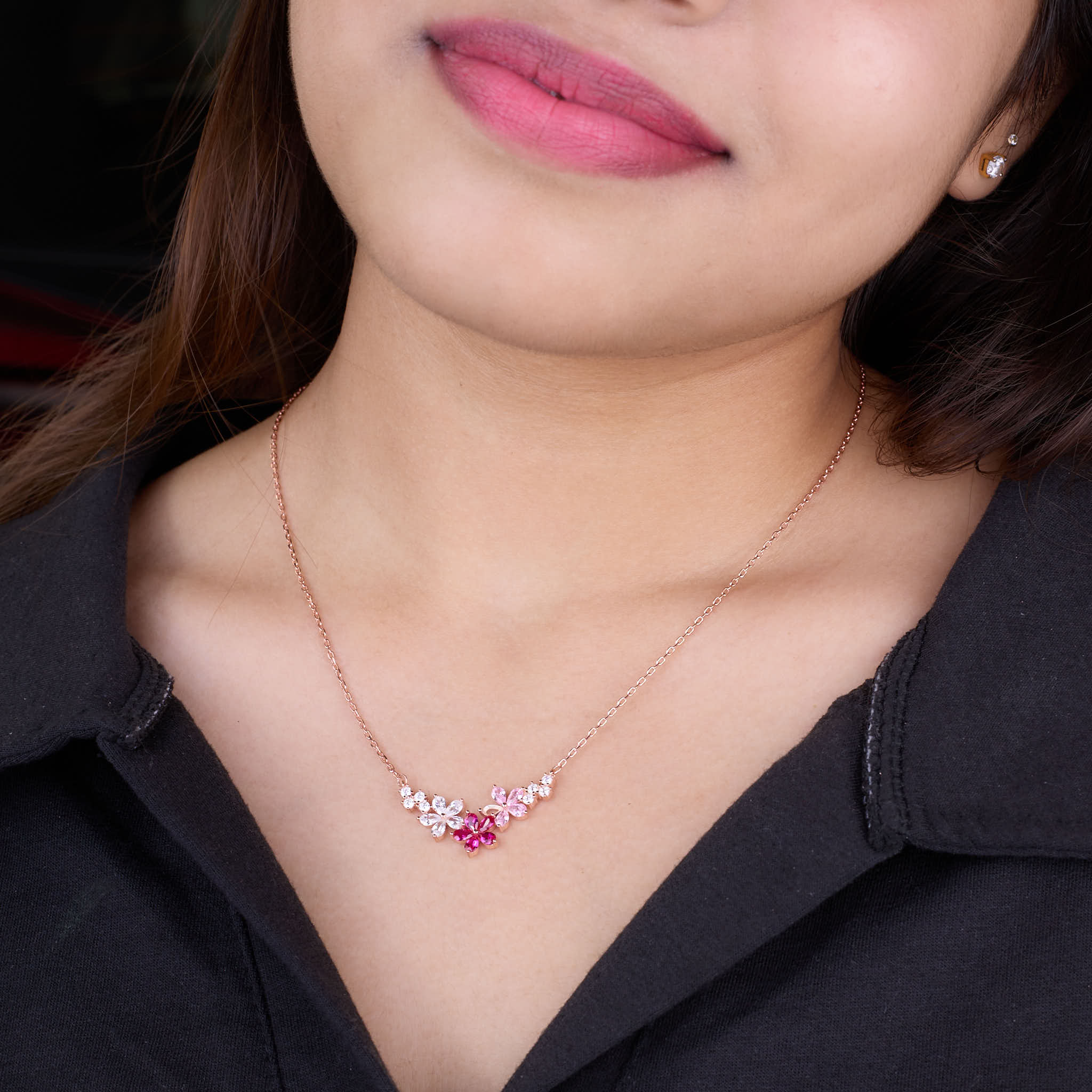 Silver Rose gold Floral Charm Necklace Chain pendant