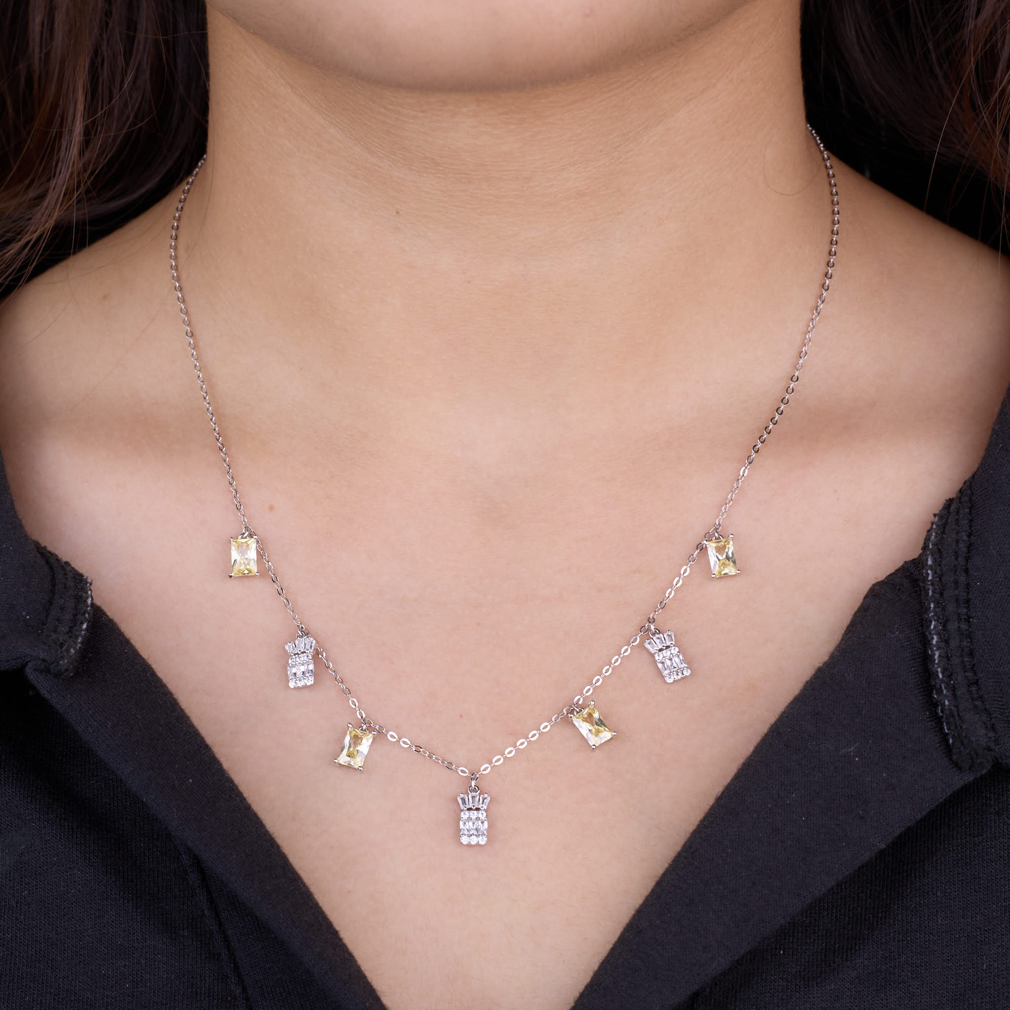 Silver Baguette Crown necklace in yellow stone for her