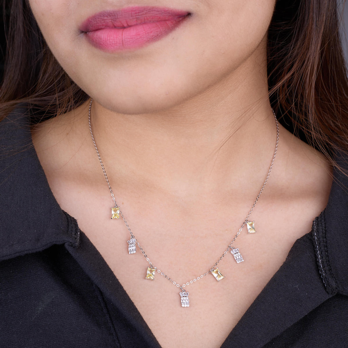 Silver Baguette Crown necklace in yellow stone for her