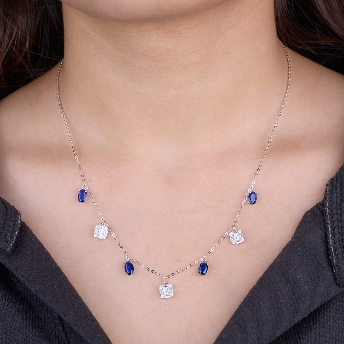 Silver Sapphire-Inspired Dangle Chain Necklace