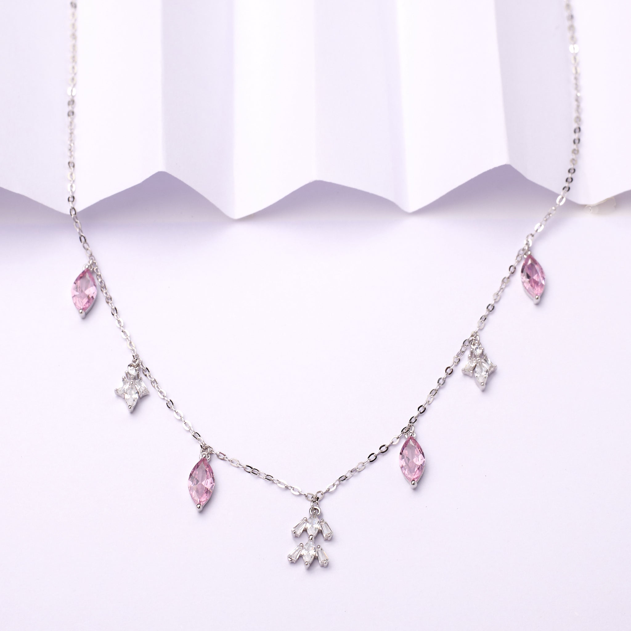 Silver Hot Pink Marquise Dangle Necklace