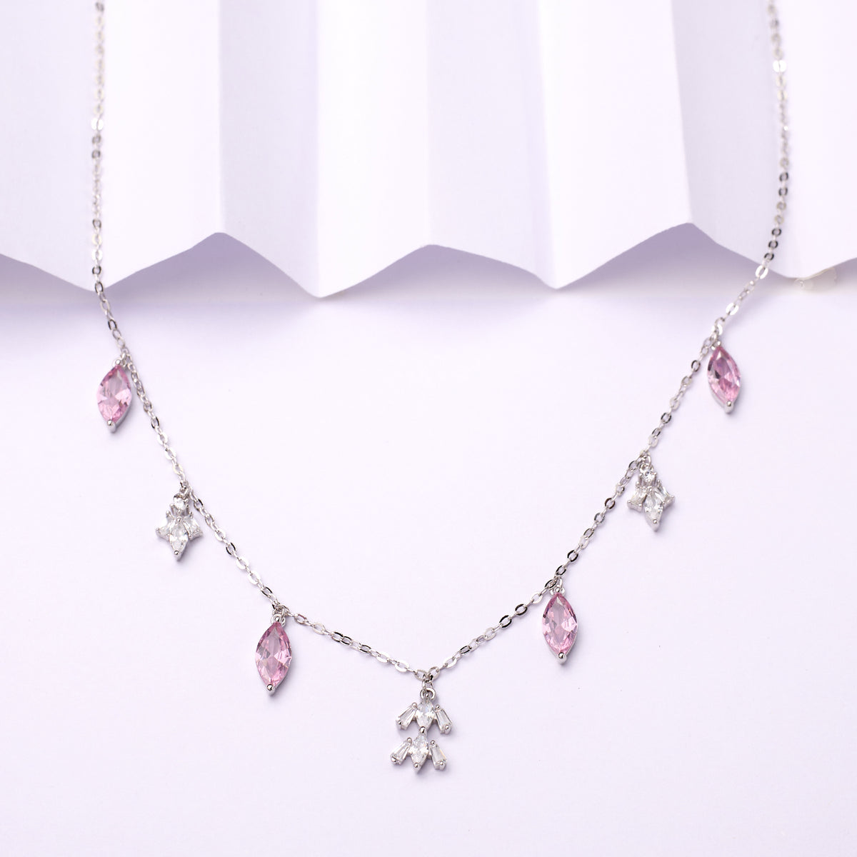 Silver Hot Pink Marquise Dangle Necklace