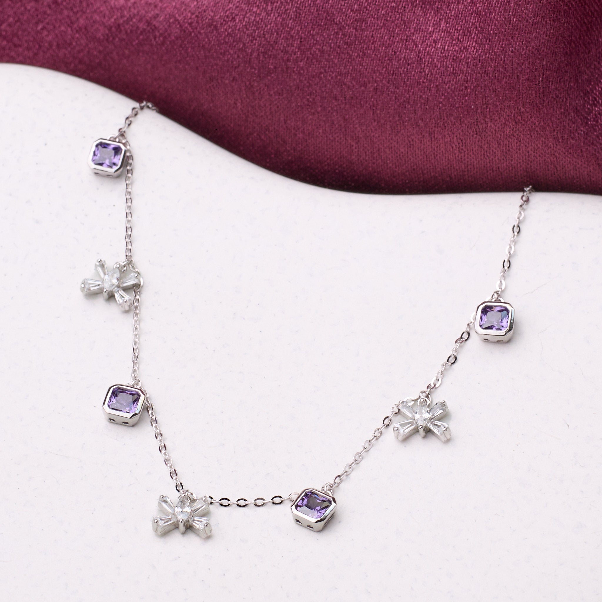 Silver Cluster Square Purple Necklace