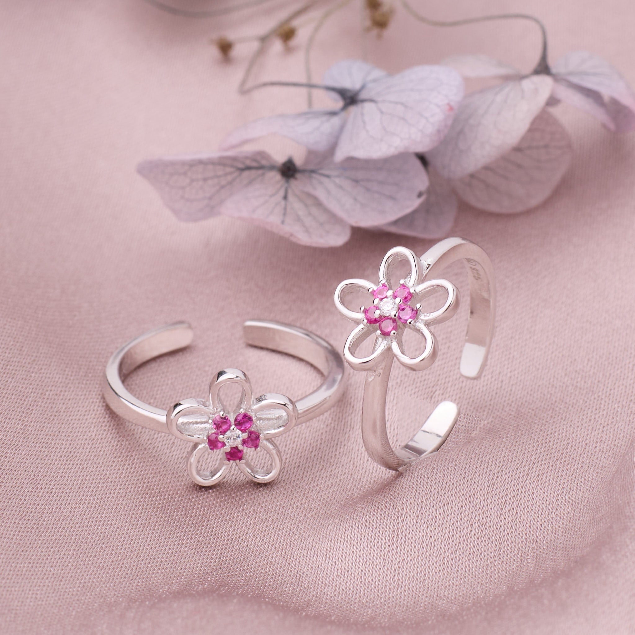 Silver Pink Flower Toe Ring