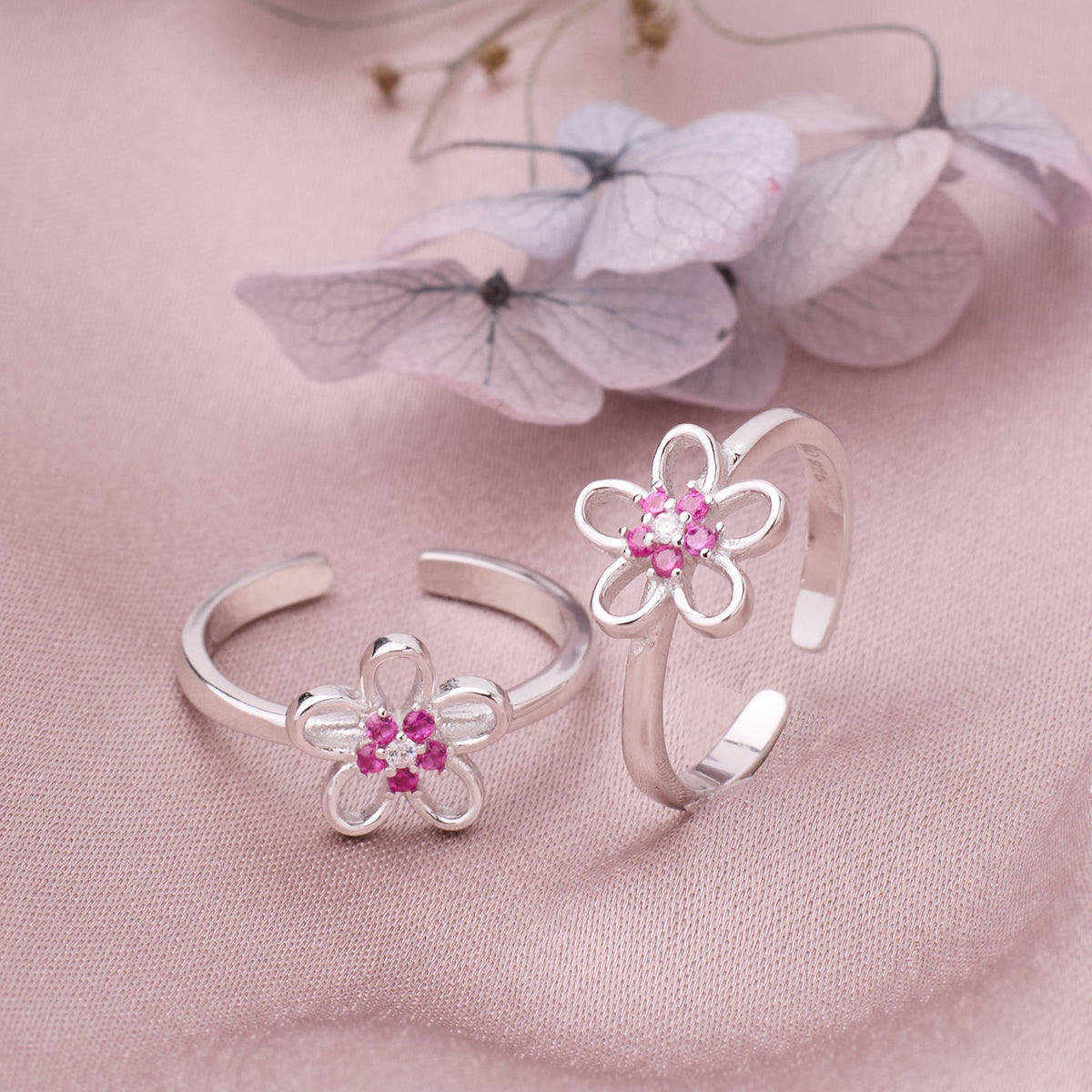 Silver Pink Flower Toe Ring