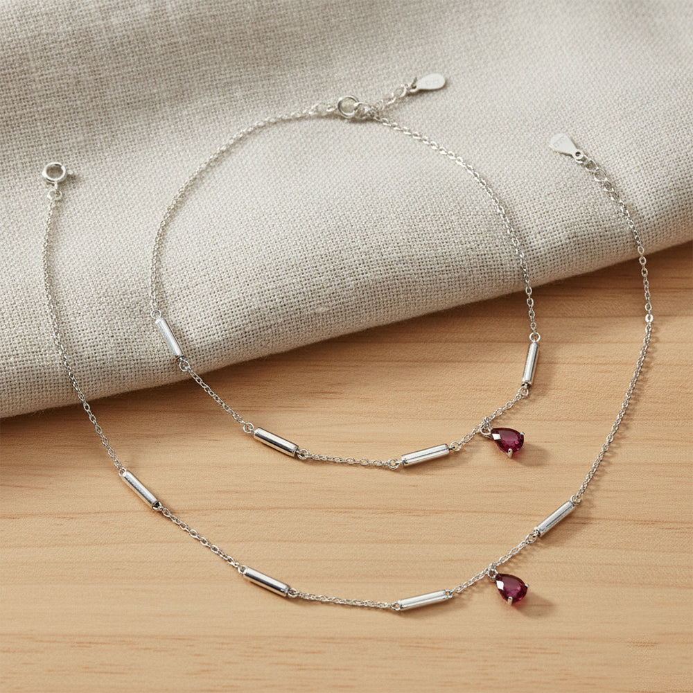 Silver Ruby Teardrop and Bar Stylish Anklet
