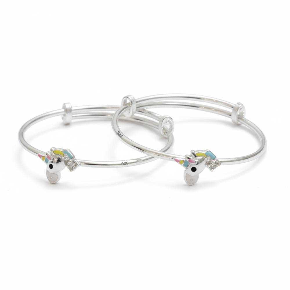 Adjustable 925 silver baby kada with an enamel unicorn and CZ stone