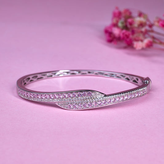 Silver Pave Ribbon Pink Bracelet For Her