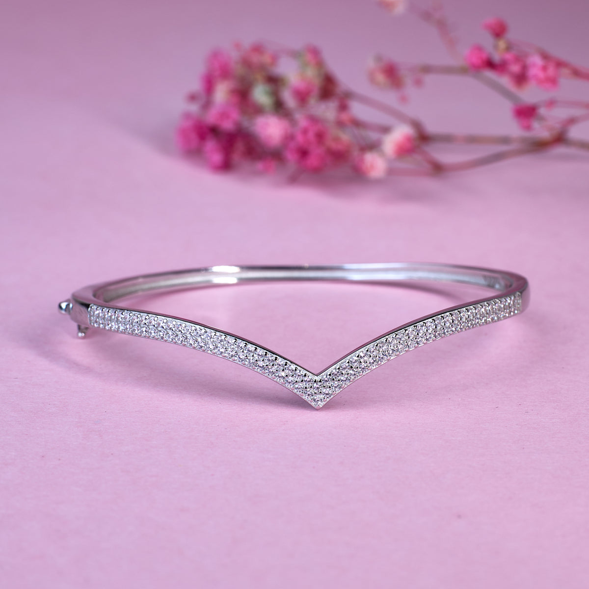 Silver Elegant V-shaped CZ Diamond studded Statement Bracelet