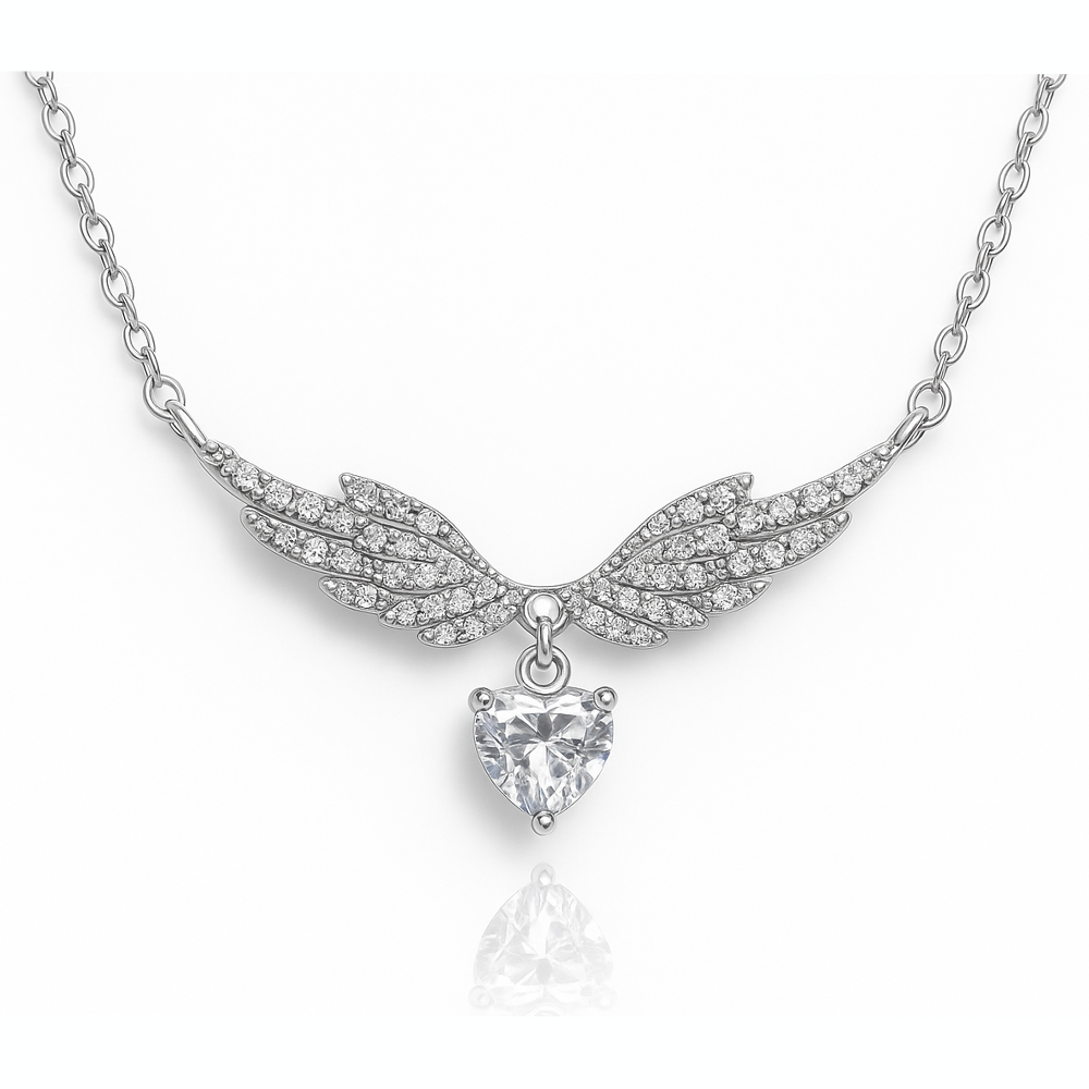 Silver Angel Wings Heart Chain Pendant