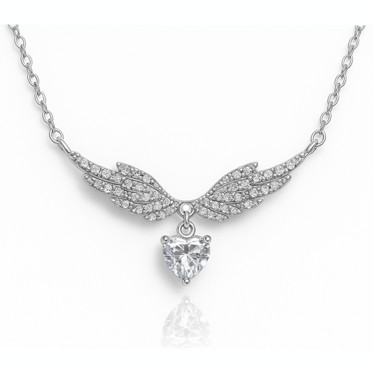 Silver Angel Wings Heart Chain Pendant