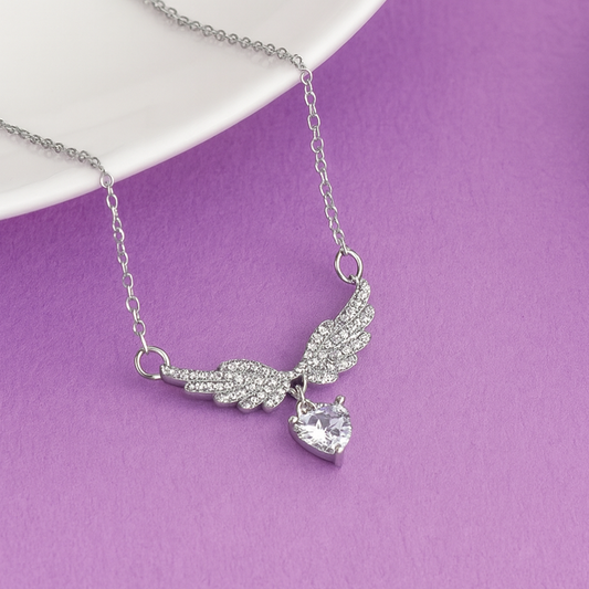 Silver Angel Wings Heart Chain Pendant