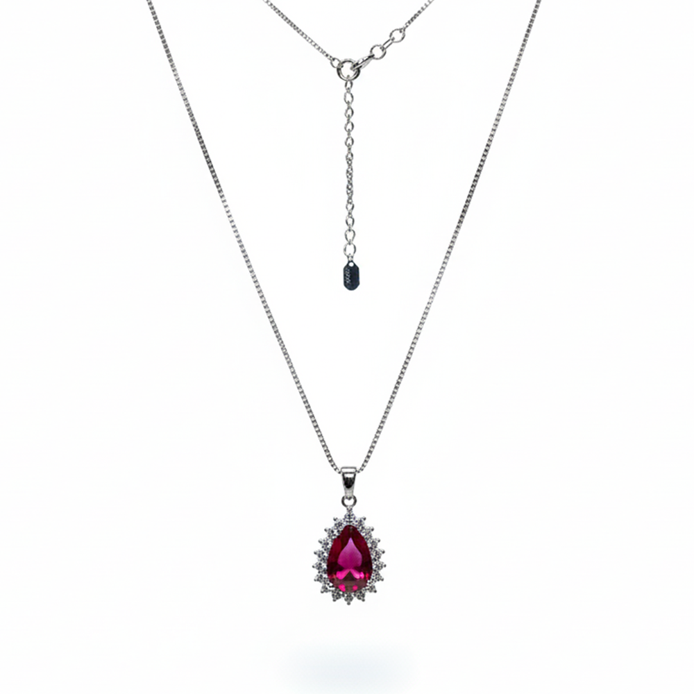 Silver Crimson Red Tear drop Victorian Chain pendant