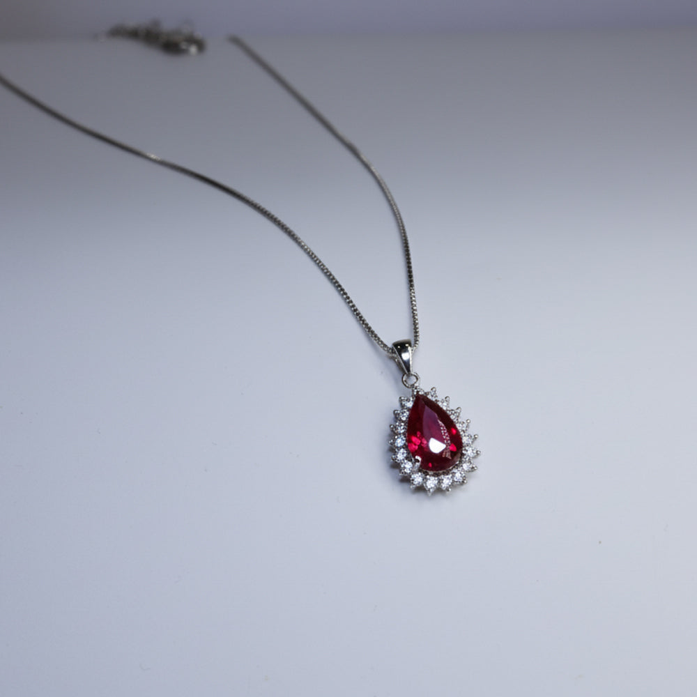 Silver Crimson Red Tear drop Victorian Chain pendant