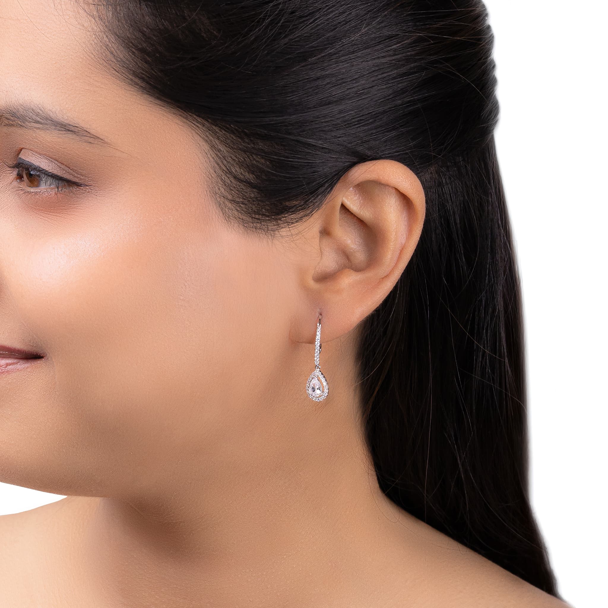 Silver Halo Pear Drop Earrings