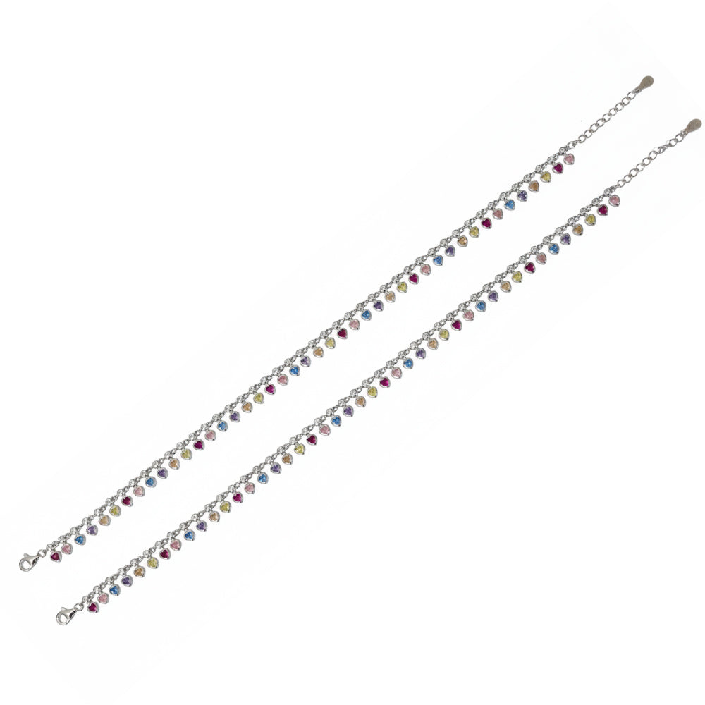 Silver Multicoloured Heart Drop Anklet