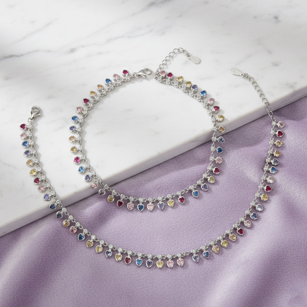 Silver Multicoloured Heart Drop Anklet