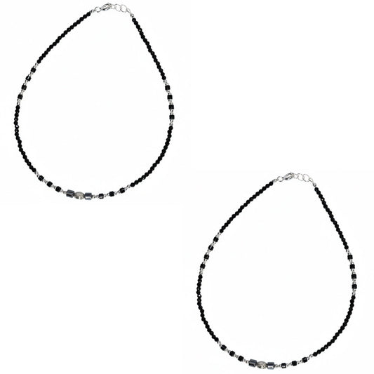Silver Textured Modern Black beads anklets For her