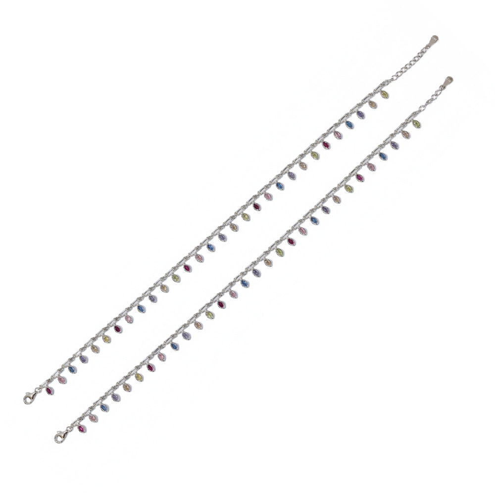 Silver Dazzling Rainbow Multi-colored Marquise Anklet