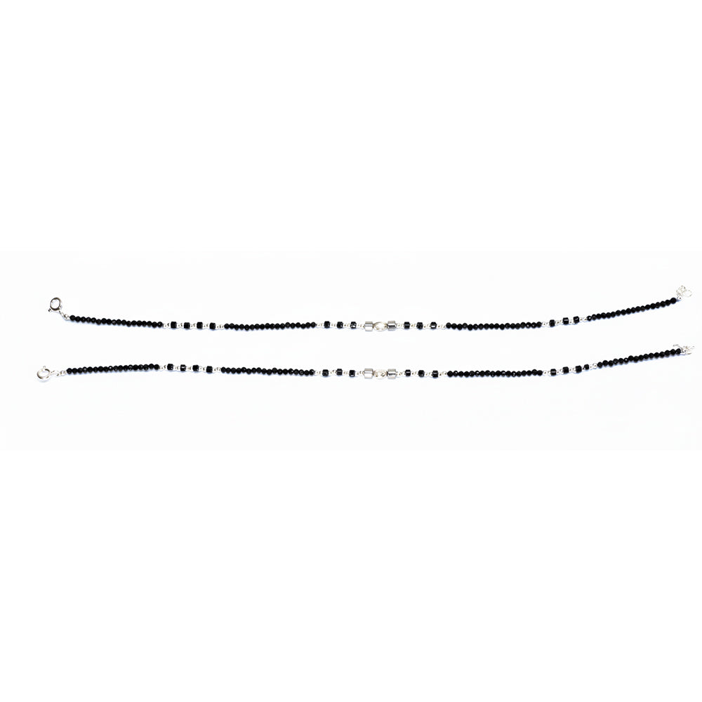 Silver Textured Modern Black beads anklets For her