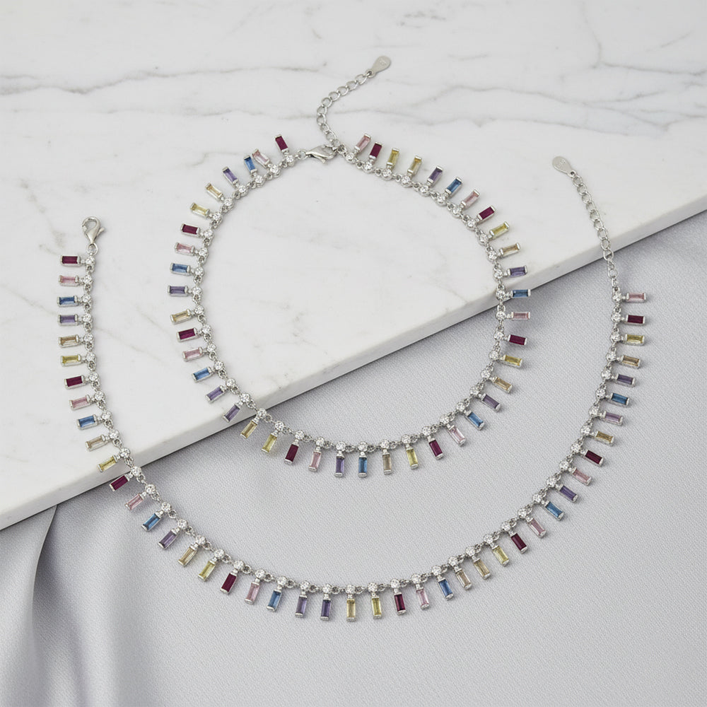 925 Silver Rainbow radiance Multi-Colored Baguette Anklet Set for her