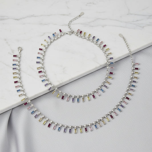 925 Silver Rainbow radiance Multi-Colored Baguette Anklet Set for her