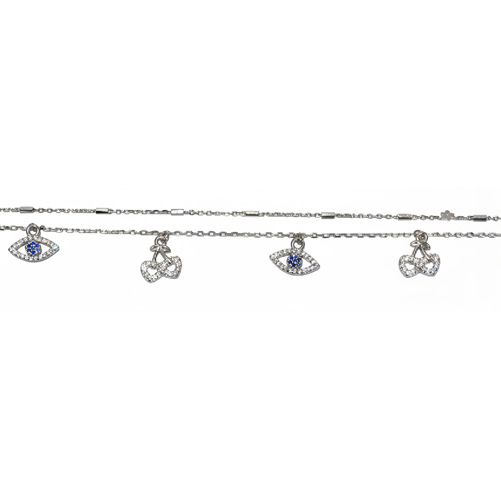 Silver sweet Cherry and eye Double layered Anklet