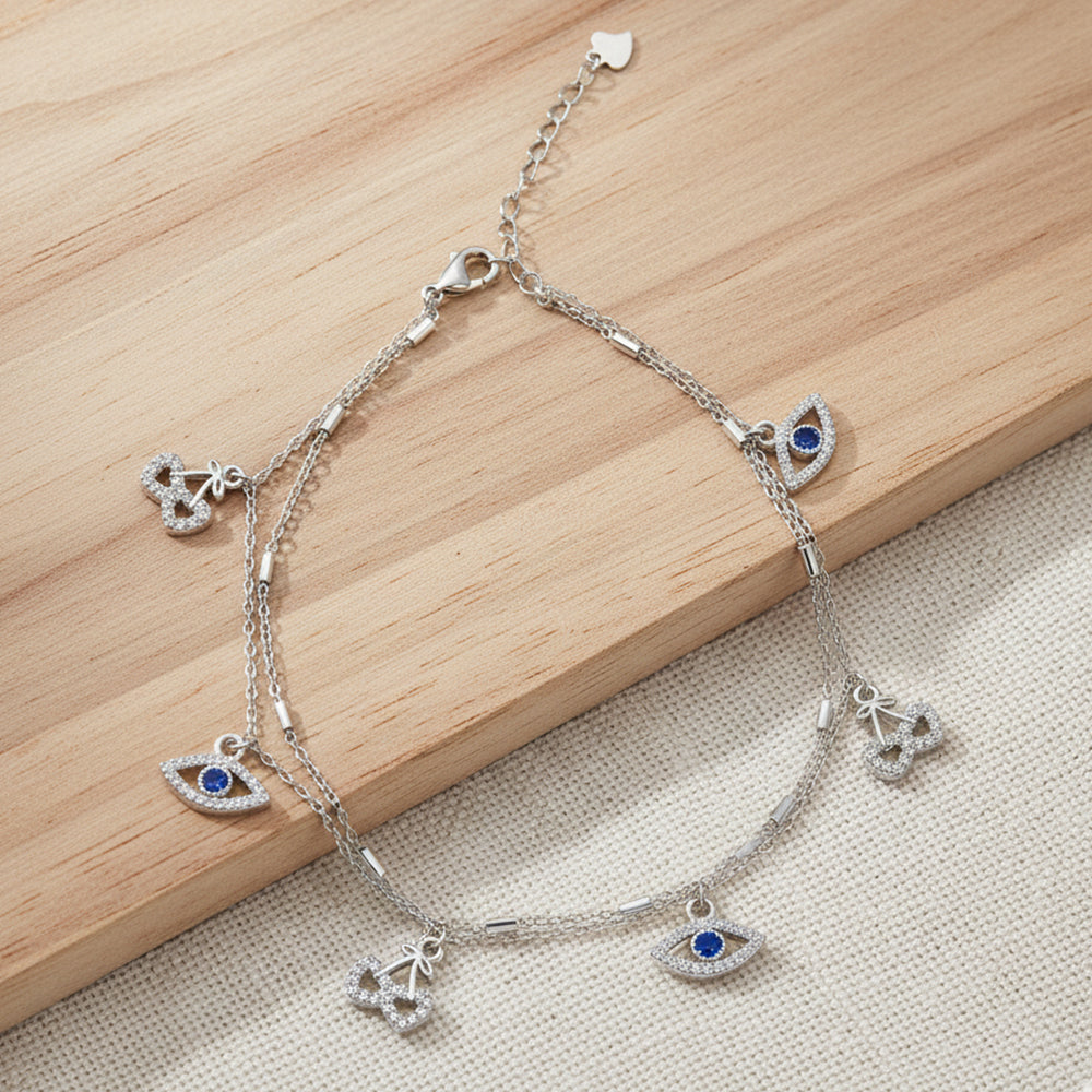 Silver sweet Cherry and eye Double layered Anklet