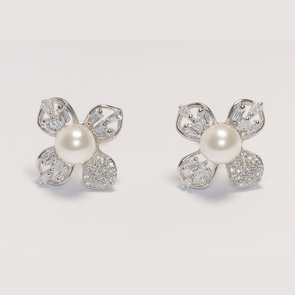 Silver Pearl with Floral Design Earrings