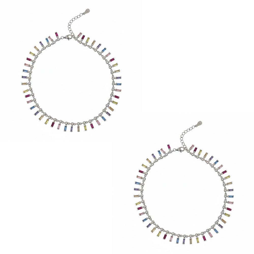 925 Silver Rainbow radiance Multi-Colored Baguette Anklet Set for her