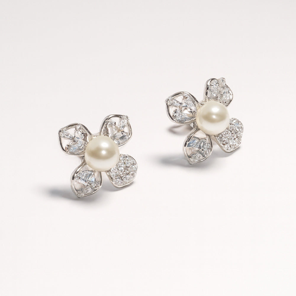 Silver Pearl with Floral Design Earrings
