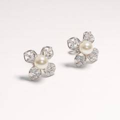Silver Pearl with Floral Design Earrings