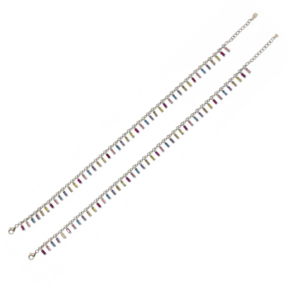 925 Silver Rainbow radiance Multi-Colored Baguette Anklet Set for her