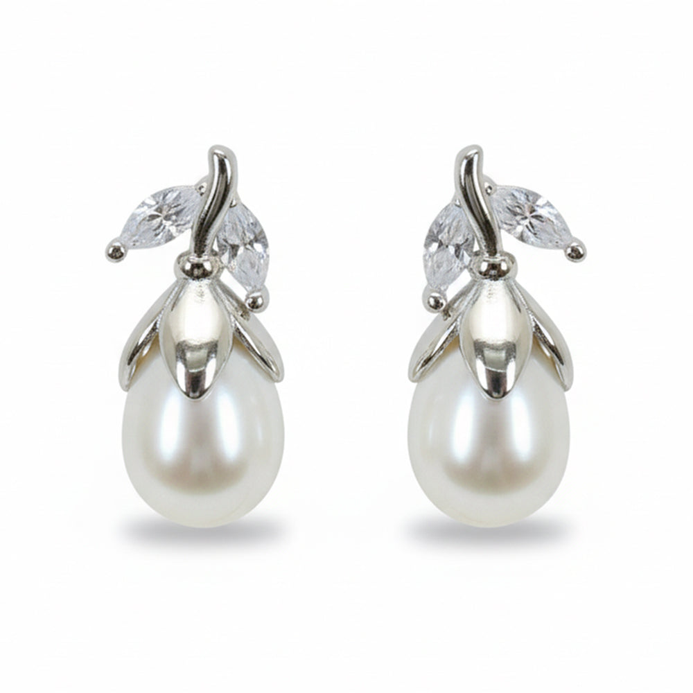 Silver Corolla Pear Pearl Earrings