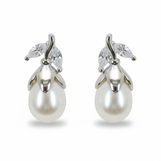 Silver Corolla Pear Pearl Earrings