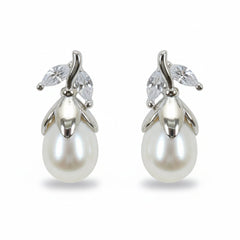 Silver Corolla Pear Pearl Earrings