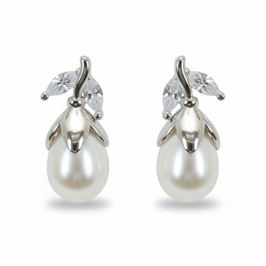 Silver Corolla Pear Pearl Earrings