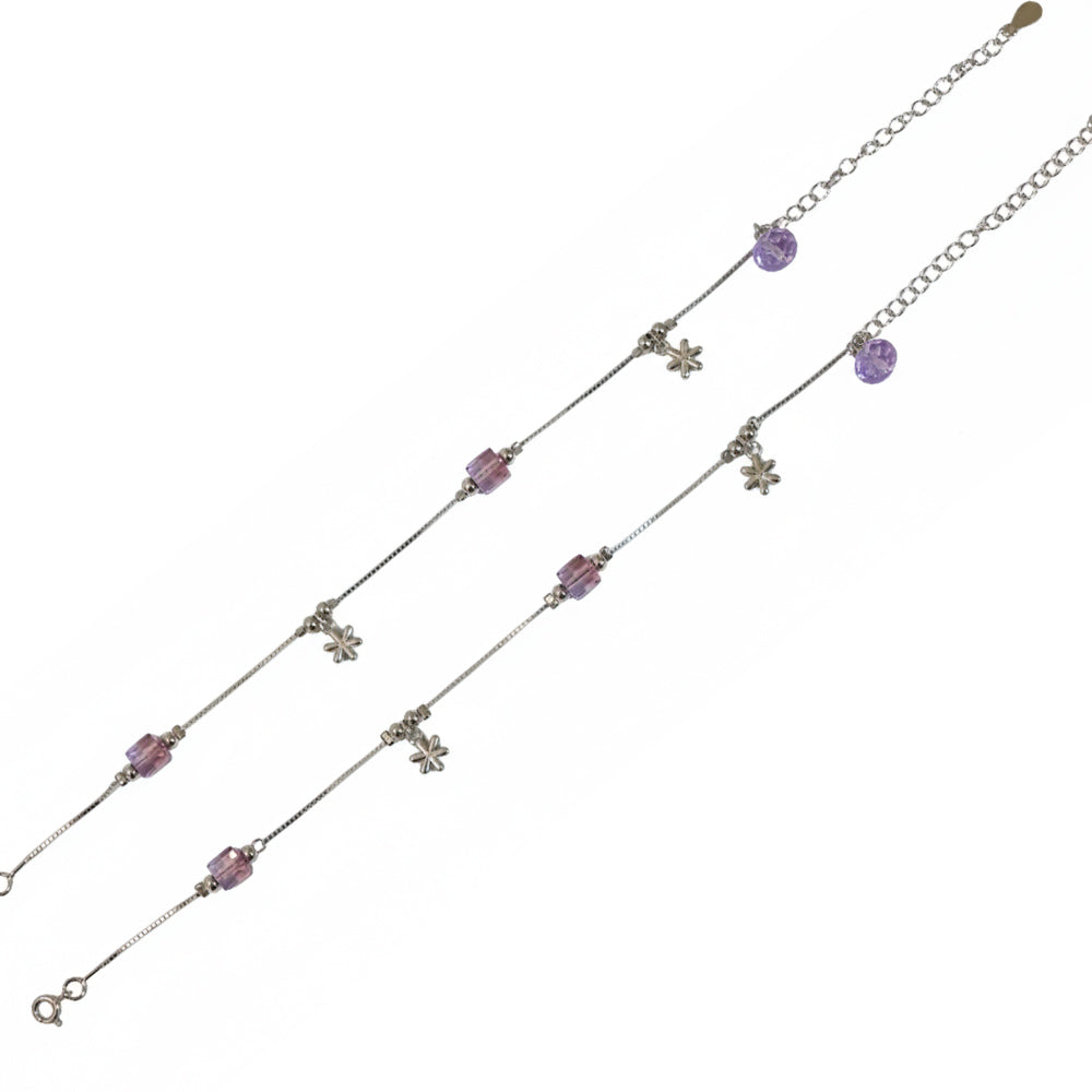 925 Sterling Silver Amethyst Cube & Snowflake Charm Anklet for her
