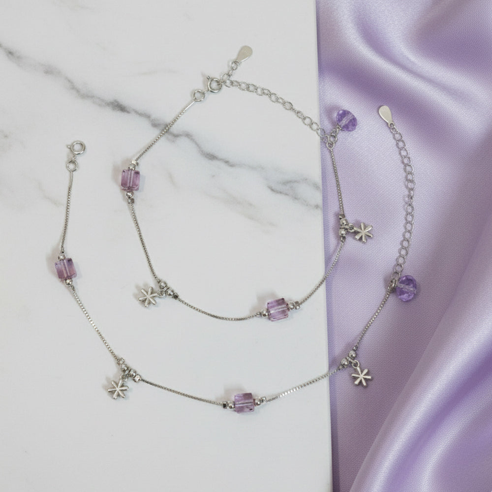 925 Sterling Silver Amethyst Cube & Snowflake Charm Anklet for her