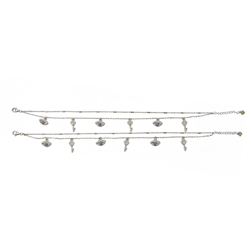 Silver Classic Parisian Key & Evil Eye Double layered Anklet