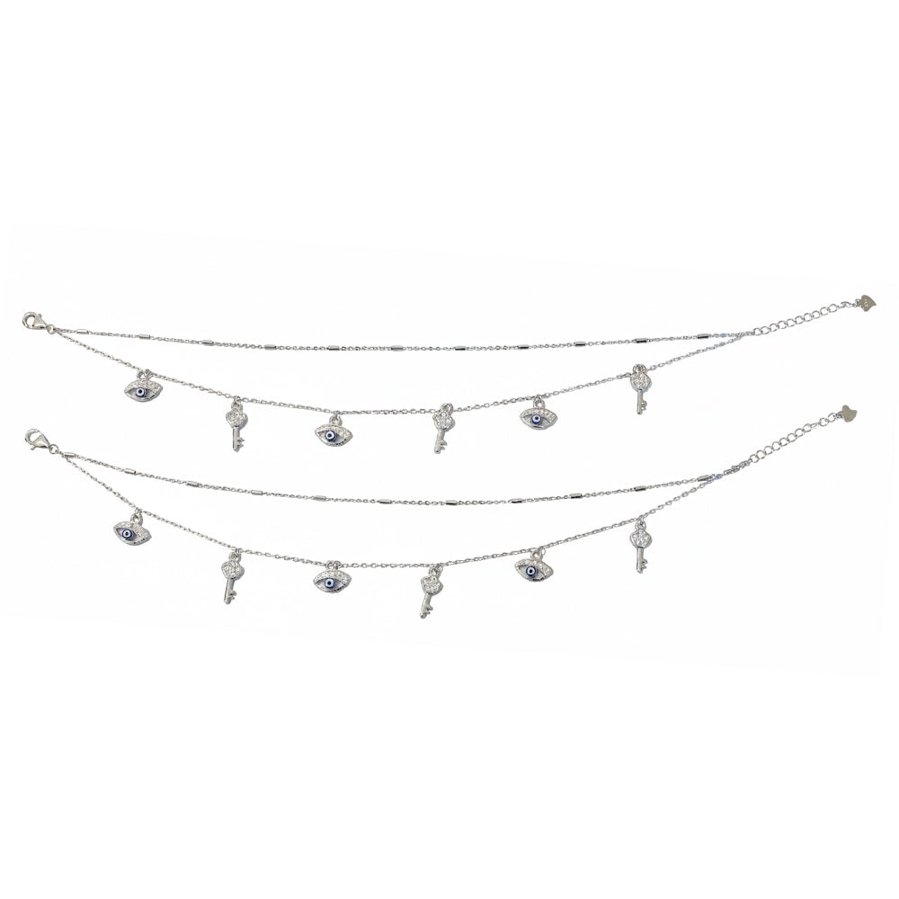 Silver Classic Parisian Key & Evil Eye Double layered Anklet
