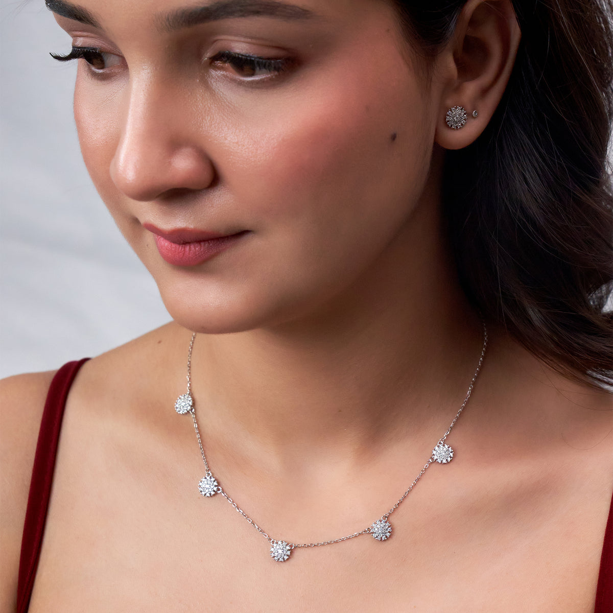 Silver Snowflake Cluster Necklace Set