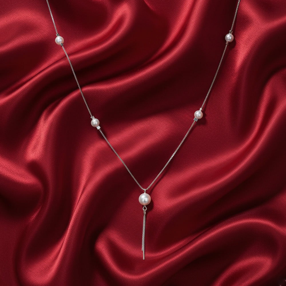 Silver Minimalist Pearl Drop Lariat Chain