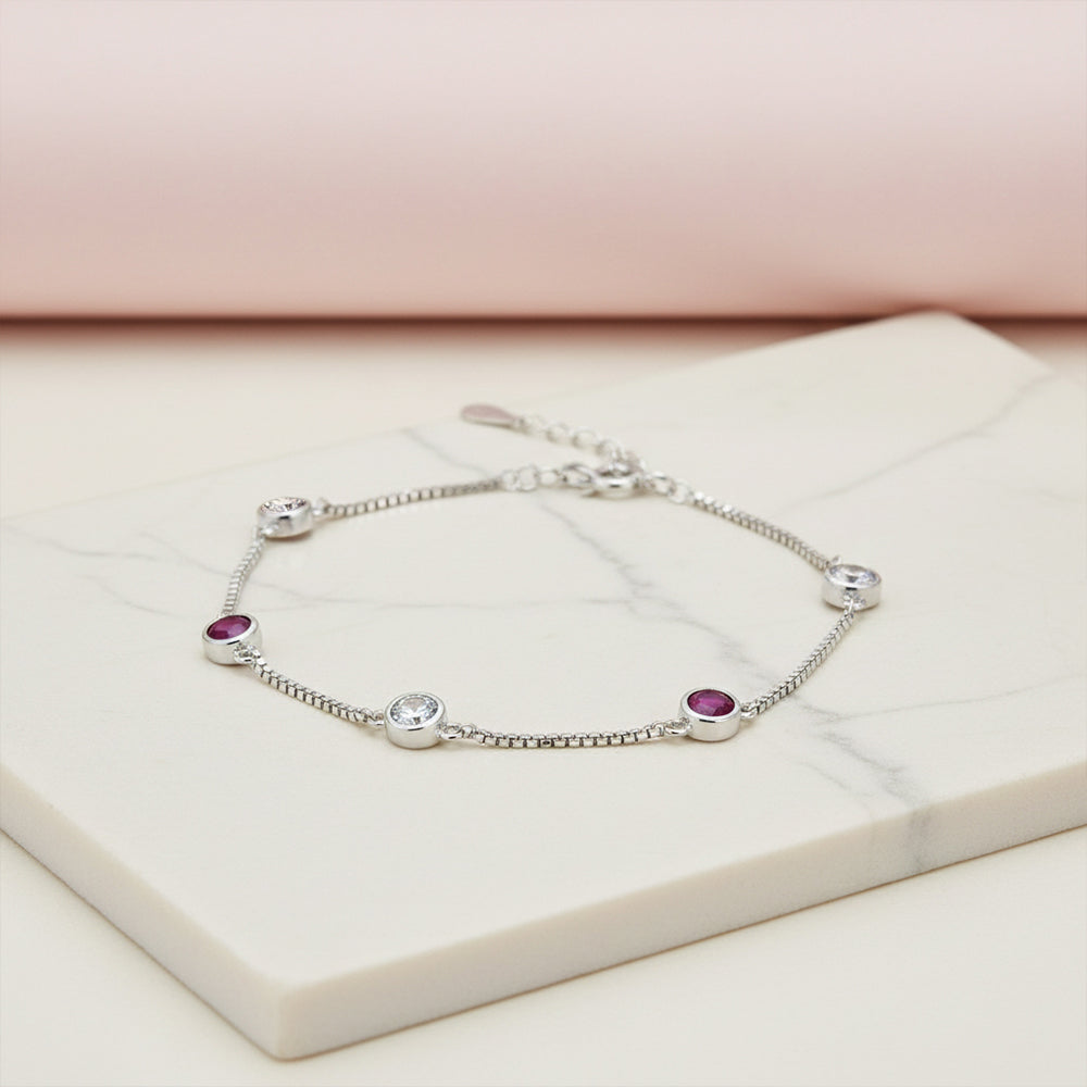 Silver Classic Ruby pink and White Girlish Chain bracelet